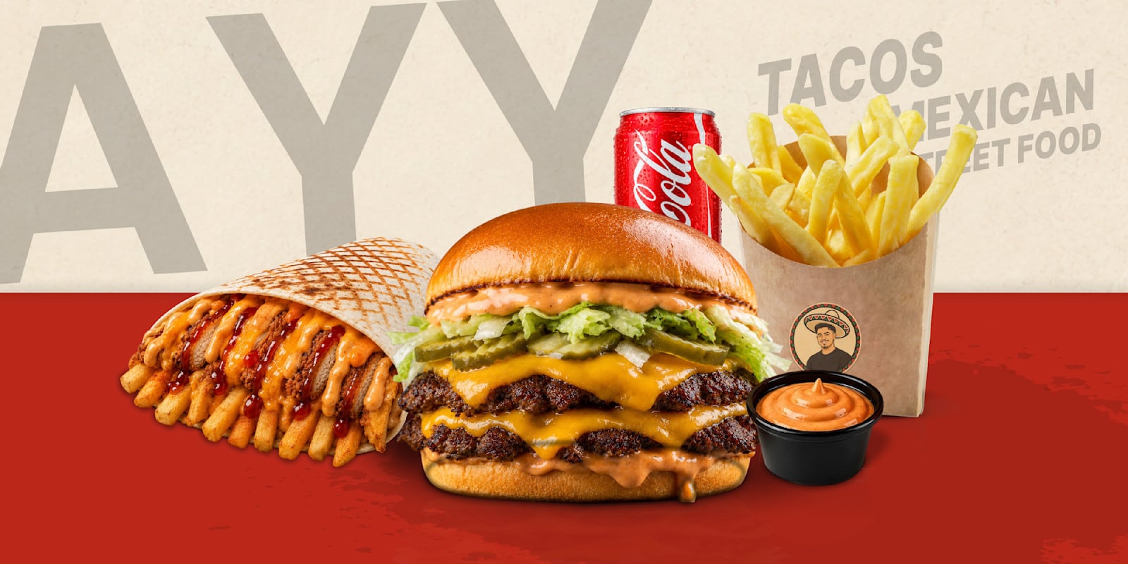 AYY Taco dürüm taco, smash burger, patates kızartması ve sos